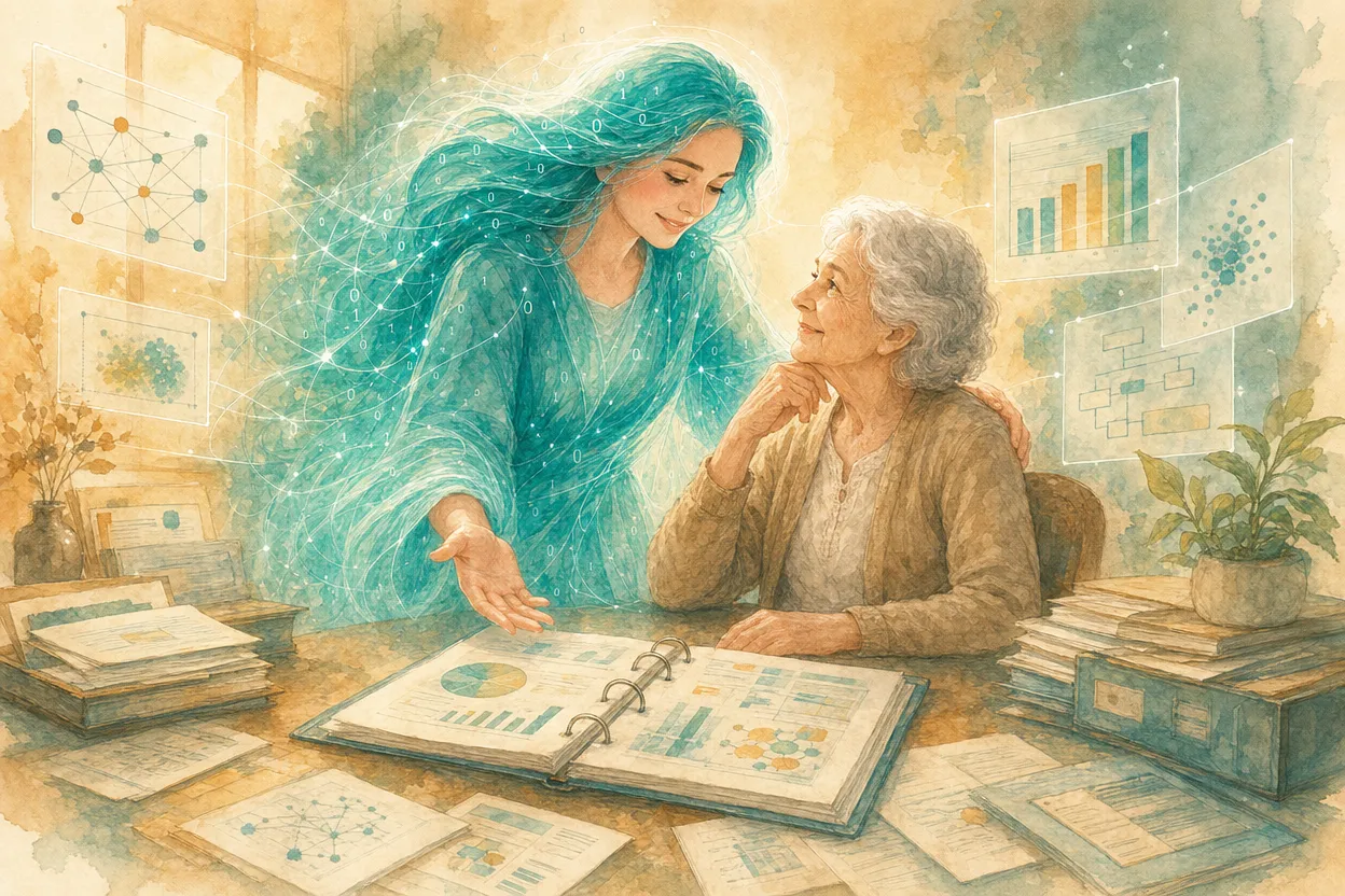 An open ledger on the table between two people, laid out to be read.