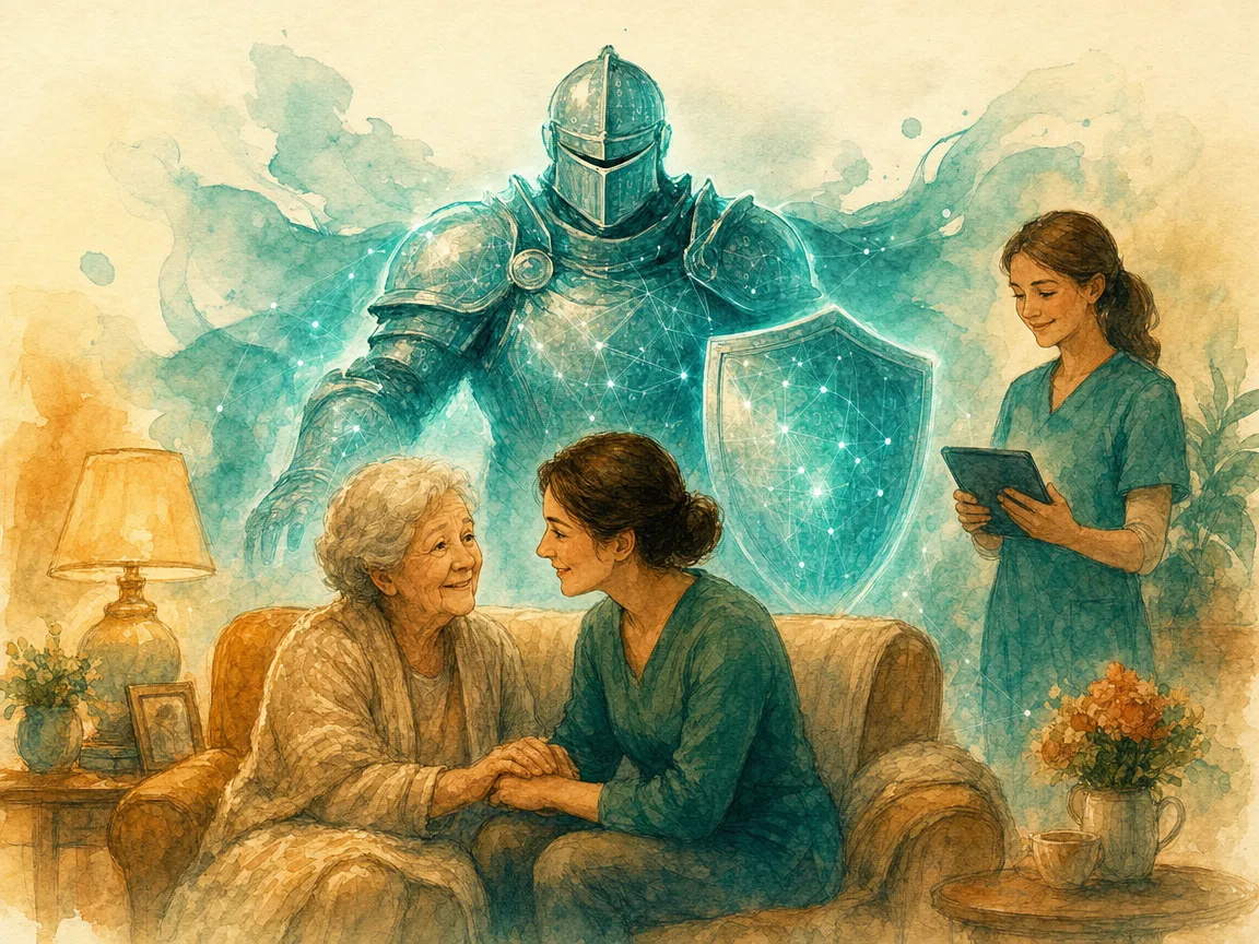 Two figures: one speaking with her, one watching over the conversation.